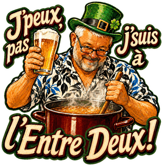 Sticker : Babass en chapeau vert, une bière dans une main, la cuillère de brassage dans l'autre, avec le slogan « J'peux pas, j'suis à l'Entre Deux ! »